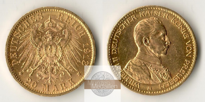 Preussen Kaiserreich  20 Mark MM-Frankfurt Feingold: 7,17g Wilhelm II. 1888-1918 1913 A 