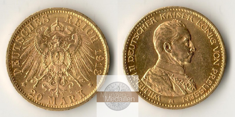 Preussen Kaiserreich  20 Mark MM-Frankfurt Feingold: 7,17g Wilhelm II. 1888-1918 1913 A 