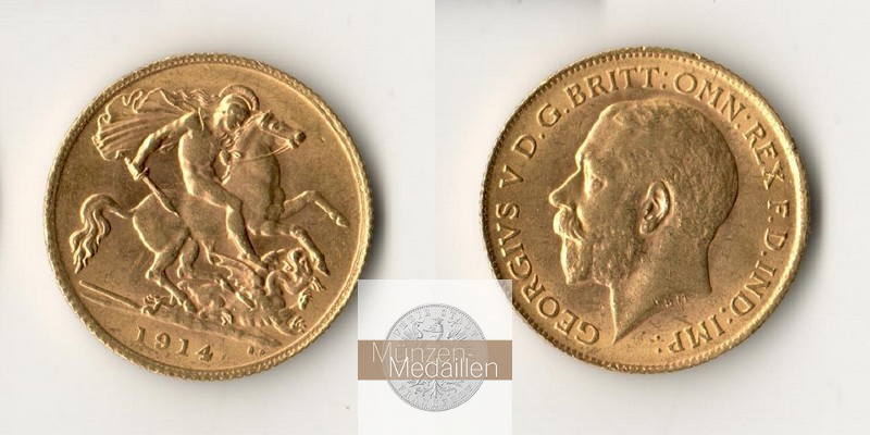 Grossbritannien MM-Frankfurt Feingewicht: 3,66g Gold 1/2 Sovereign 1914 