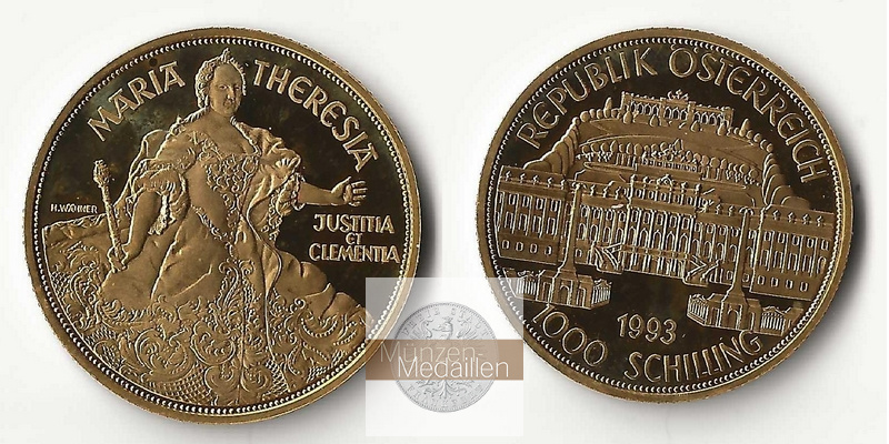 ÖSTERREICH, 2. Republik seit 1946. MM-Frankfurt Feingewicht: 16g 1.000 Schilling 1993 