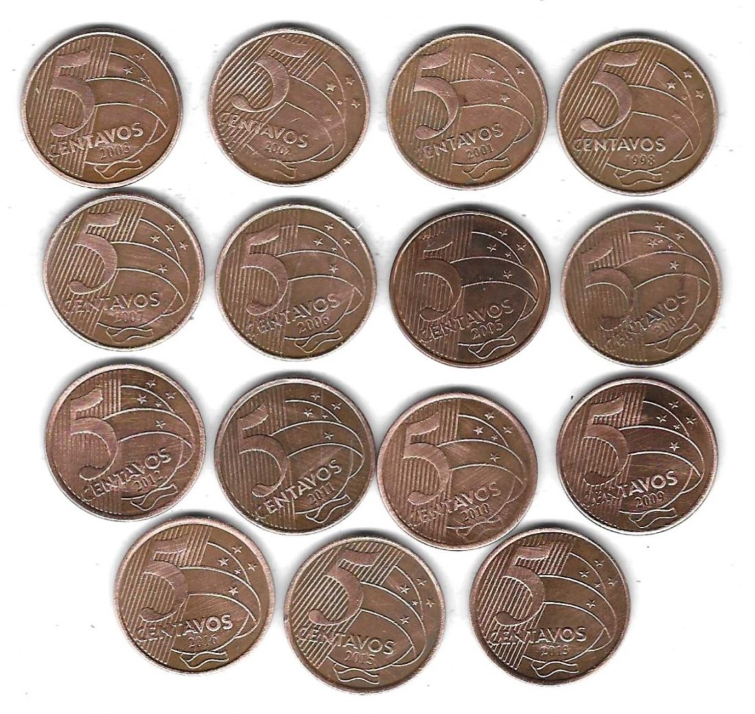  Brasilien 15 x 5 Centavos, alle verschieden, SS-Stempelglanz, Einzelaufstellung und Scan siehe unten   