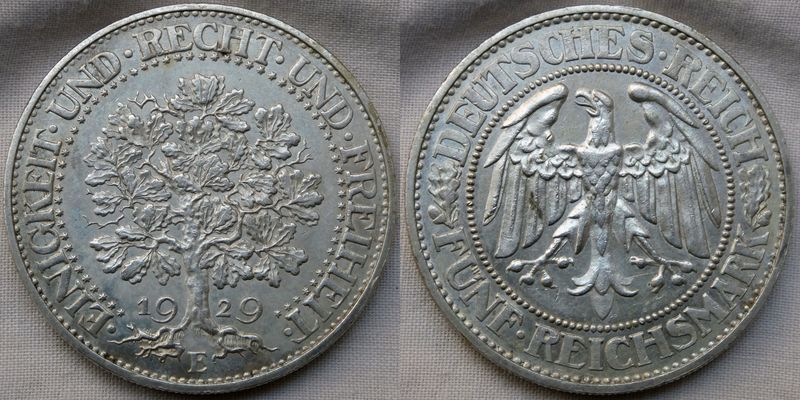  Weimarer Republik 5 Reichsmark 1929 'E' - Eichbaum - Selten !!   