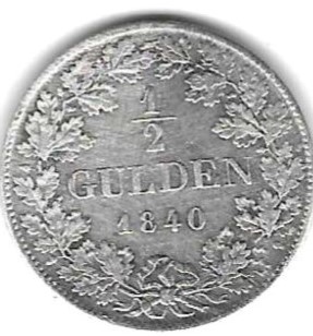  Würtemberg 1/2 Gulden 1840, Silber 5,29 gr. 0,900, recht gut erhalten, siehe Scan unten   