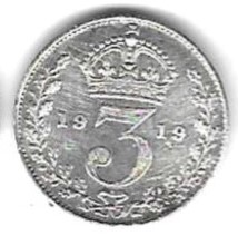  Großbritannien Threepence 1919, Silber 1,41 gr. 0,925, sehr gut erhalten, siehe Scan unten   