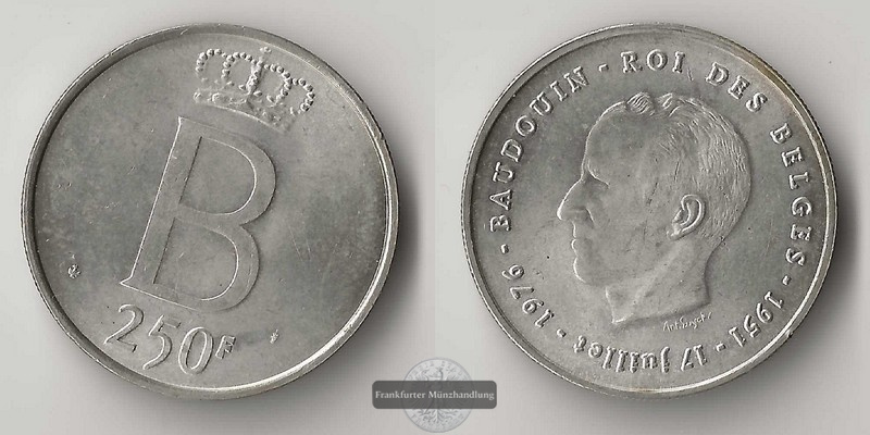  Belgien 250 Francs 1976 König Baudouin I. FM-Frankfurt Feingewicht: 20,87g   