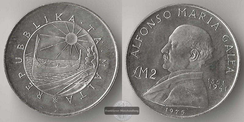  Malta  2 Liri  1975 Alfonso Maria Galea FM-Frankfurt  Feingewicht: 9,87g   