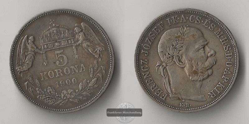 Ungarn, 5 Kronen  1900   Franz Josef I.   FM-Frankfurt  Feinsilber: 21,6g   