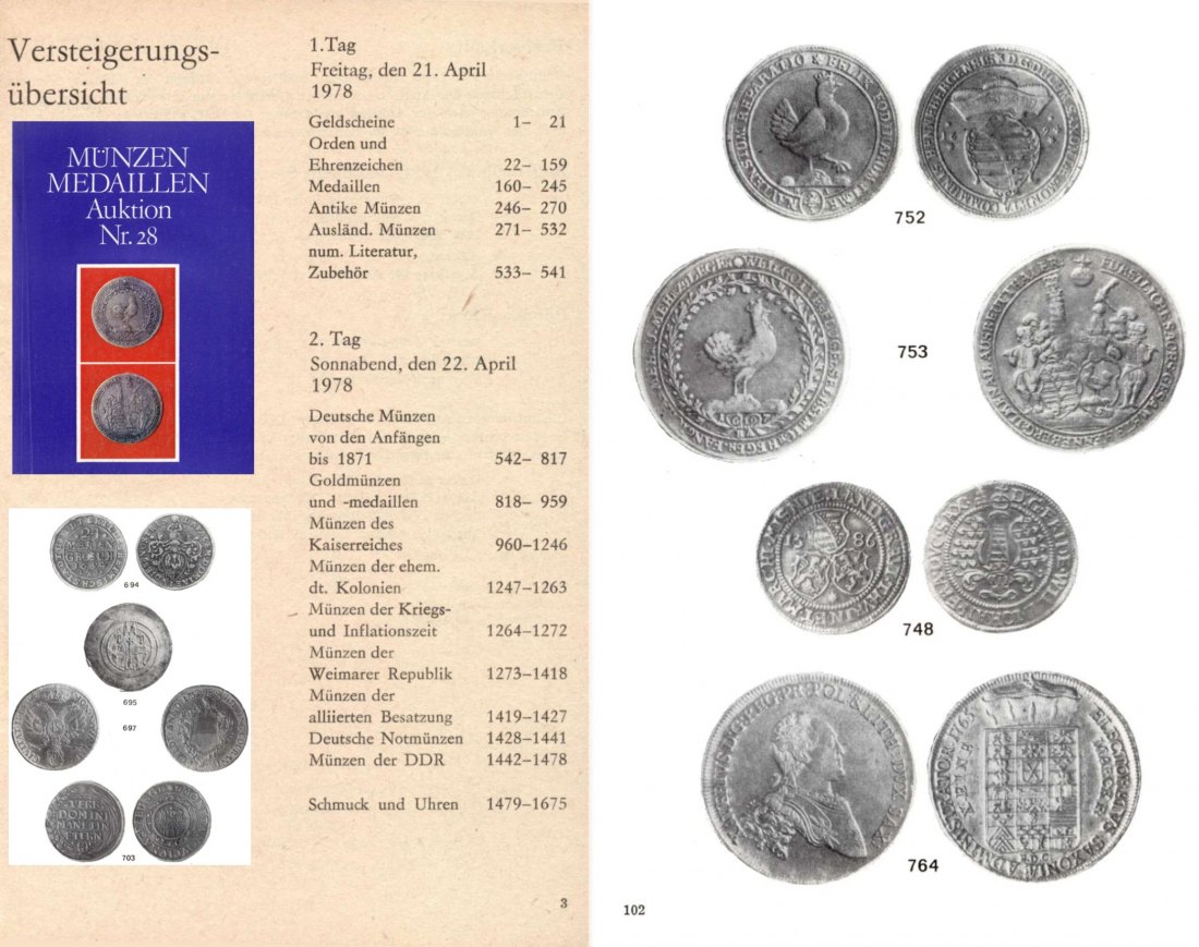 Staatlicher Kunsthandel der DDR (in Berlin) Auktion 28 (1978) Münzen & Medaillen / Schmuck   