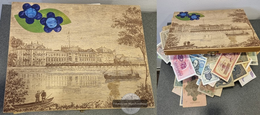  Kiste mit Papiergeld und wenigen Briefmarken FM-Frankfurt   