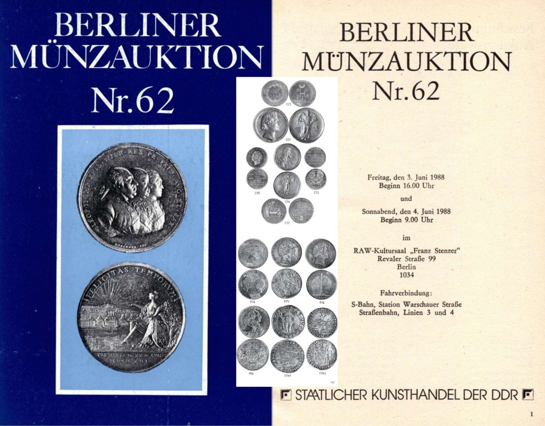 Staatlicher Kunsthandel der DDR / Reihe BERLINER Münzauktion Auktion 62 (1988) Münzen & Medaillen   