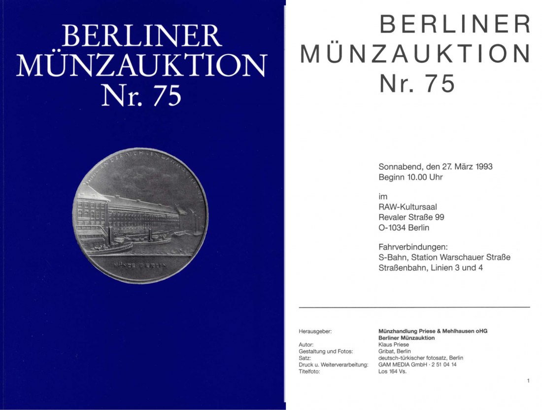  Berliner Münzauktion /Münzhandlung Priese & Mehlhausen (Berlin) Auktion 75 (1993) Antike bis Neuzeit   