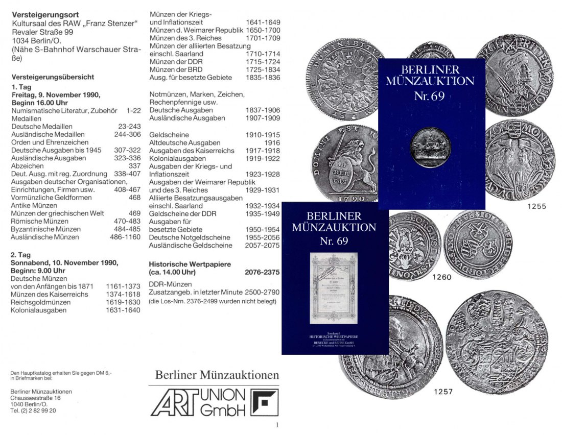  Berliner Münzauktion Hrg. ART UNION GmbH (BERLIN)  Auktion 69 (1990) Münzen ,Medaillen ,Wertpapiere   