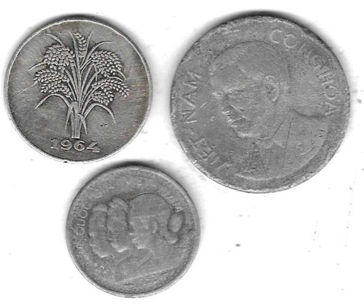  Vietnam kleines Lot mit 3 schlechteren Münzen, ist Kleber drauf, Einzelaufst. und Scan siehe unten   
