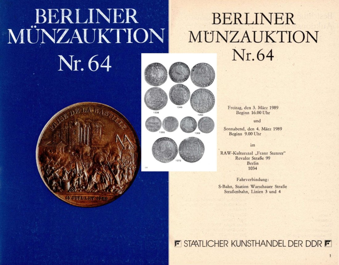  Staatlicher Kunsthandel der DDR / Reihe BERLINER Münzauktion Auktion 64 (1989) Münzen & Medaillen   