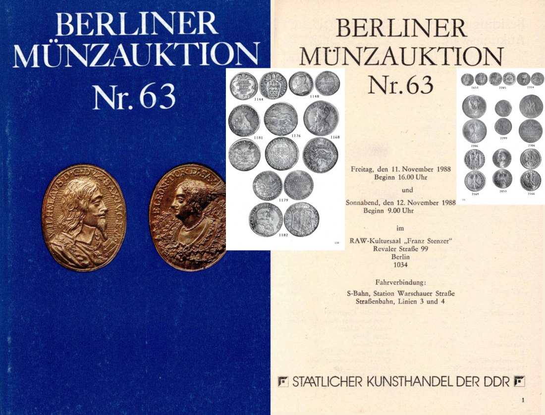  Staatlicher Kunsthandel der DDR / Reihe BERLINER Münzauktion Auktion 63 (1988) Münzen & Medaillen   