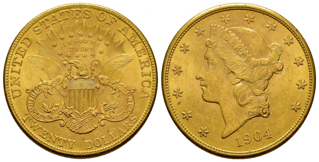 PEUS 8879 USA 30,1 g Feingold. Coronet Head 20 Dollars GOLD 1904 S Kl. Kratzer, fast Vorzüglich