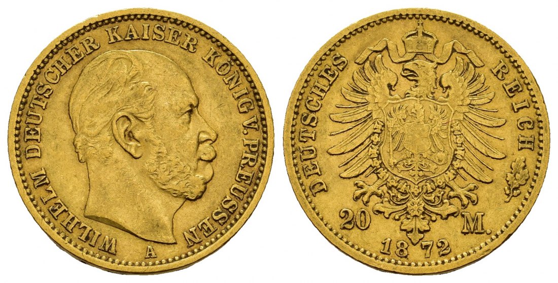 PEUS 8881 Kaiserreich - Preußen 7,16 g Feingold. Wilhelm I. (1861 - 1888) 20 Mark GOLD 1872 A Sehr schön