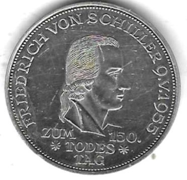  BRD 5 Mark 1955, Friedrich Schiller, Sillber 11,2 gr. 0,625, Glänzender Stempelglanz, leichte Kratze   