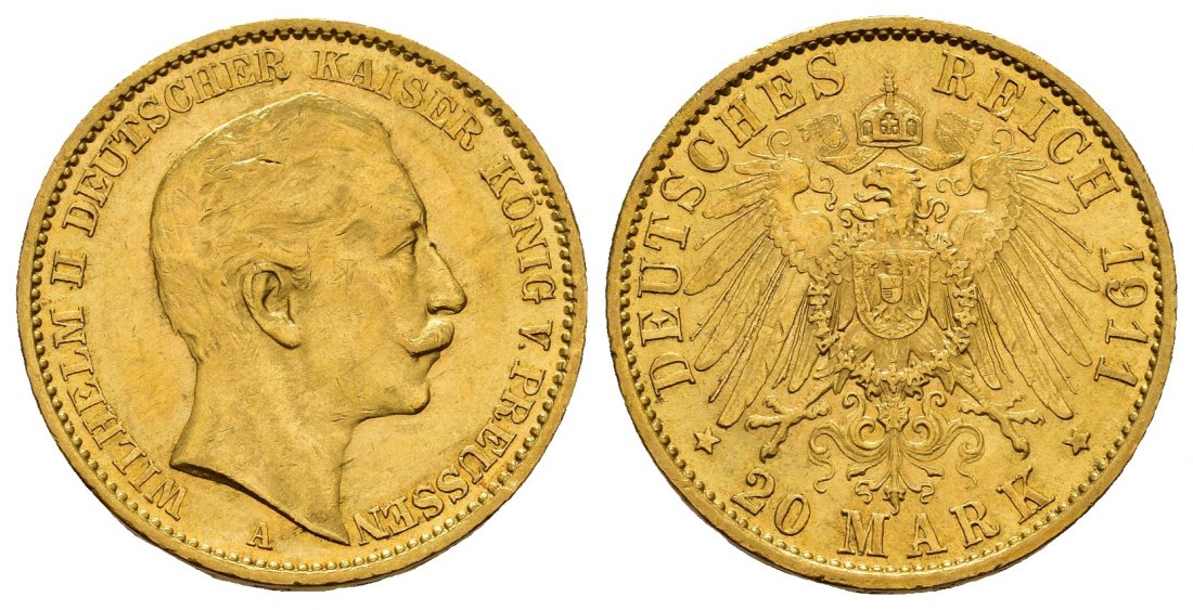 PEUS 7772 Preußen - Kaiserreich 7,16 g Feingold. Wilhelm II. (1888 - 1918) 20 Mark GOLD 1911 A Kl. Kratzer, Sehr schön / Sehr schön +