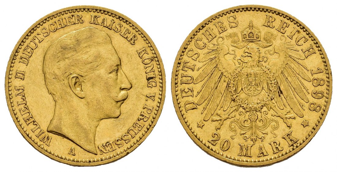 PEUS 8888 Kaiserreich - Preußen 7,16 g Feingold. Wilhelm II. (1888 - 1918) 20 Mark GOLD 1898 A Kl. Randfehler, Sehr schön
