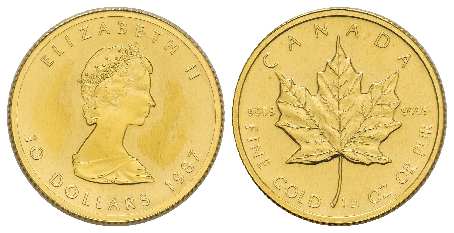 PEUS 8889 Kanada 7,78 g Feingold. Maple Leaf 10 Dollars GOLD 1/4 Unze 1987 Uncirculated (eingeschweißt)