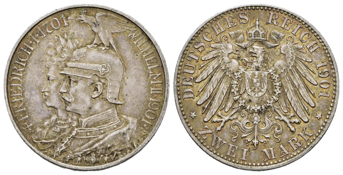 PEUS 8892  Kaiserreich - Preußen 200jähriges Jubiläum. Friedrich I. + Wilhelm II. 2 Mark 1901 A Patina, Vorzüglich