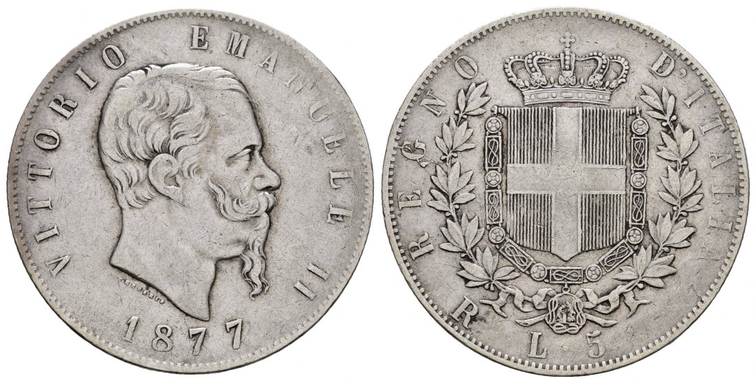 PEUS 8893 Italien 22,5 g Feinsilber. Vittorio Emanuelle II. 5 Lire SILBER 1877 R Sehr schön