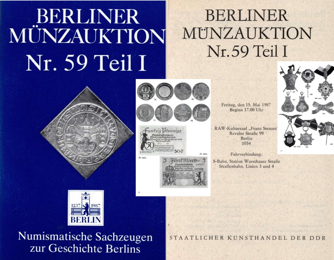  DDR BERLINER Münzauktion Auktion 59/1 (1987) Numismatische Sachzeugen zur Geschichte Berlin's   
