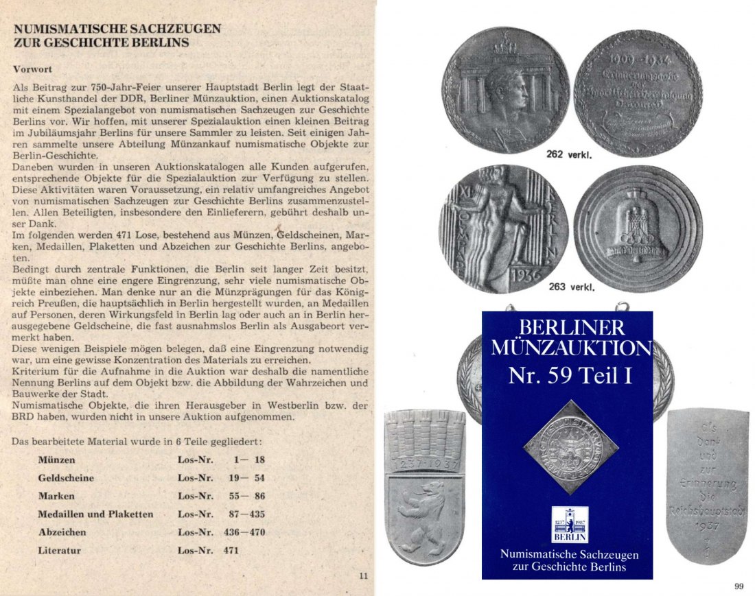  DDR BERLINER Münzauktion Auktion 59/1 (1987) Numismatische Sachzeugen zur Geschichte Berlin's   