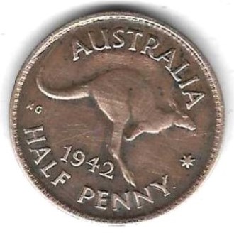  Australien 1/2 Penny 1942, Bro, sehr guter Erhalt, siehe Scan unten   
