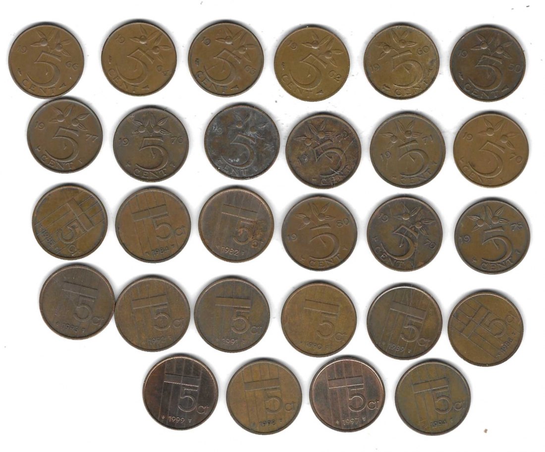  Niederlande Lot mit 28 verschiedenen 5 Cent Münzen, Einzelaufstellung und Scan siehe unten   