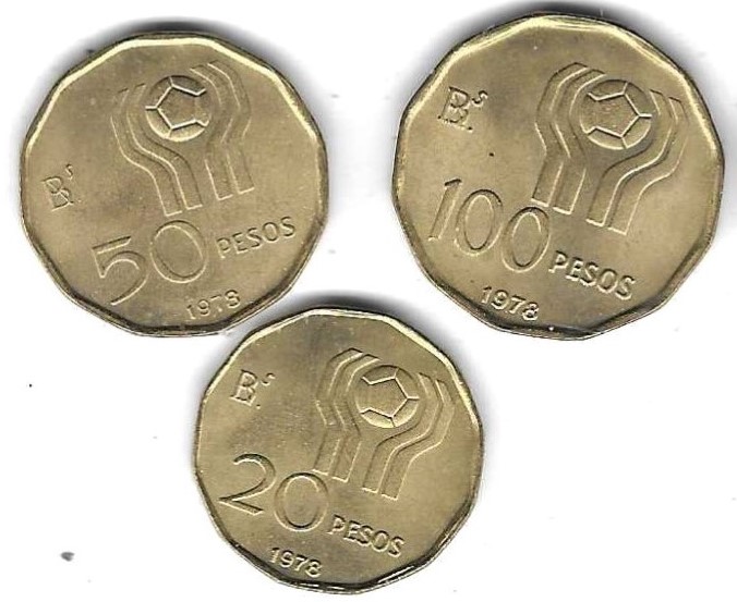  Argentinien Lot mit 3 Münzen 1978 WM, 20, 50, 100 Pesos, Stempelglanz, siehe Scan unten   
