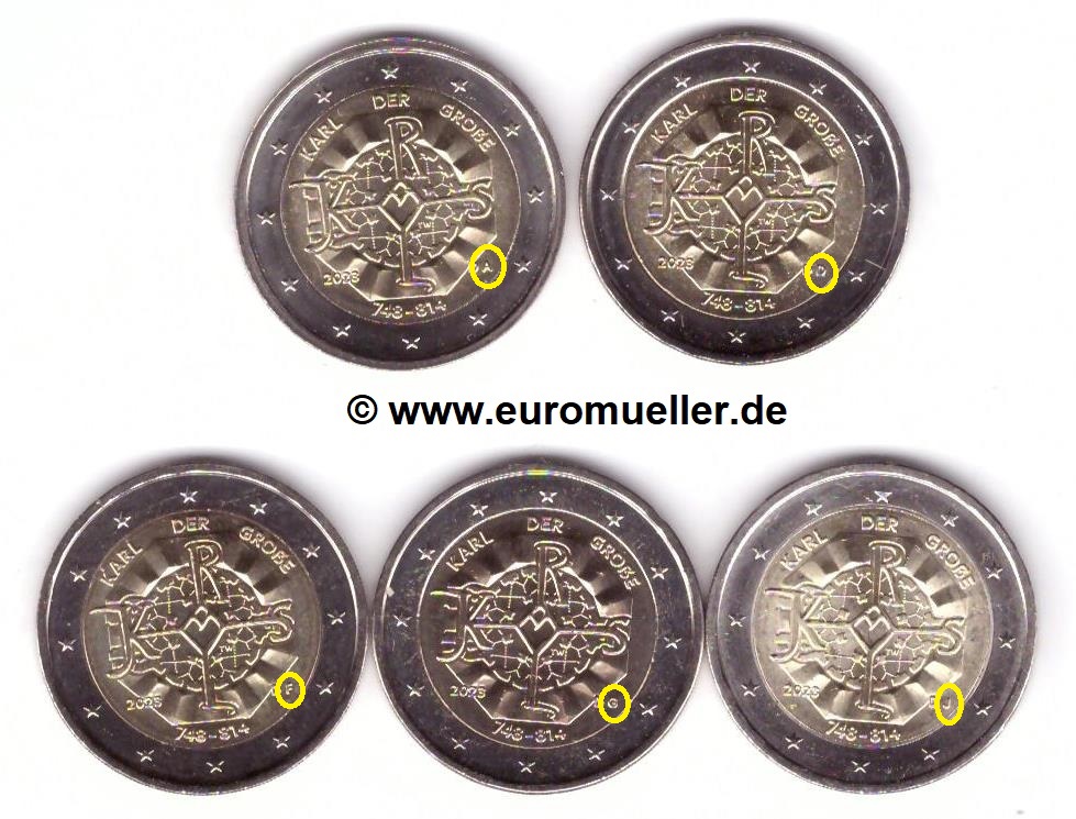 Deutschland 5x 2 Euro Gedenkmünze 2023...Karl der Große...unc.   