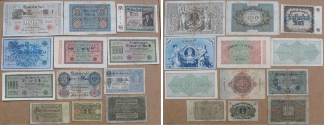  1908-1937, Deutsches Reich, Satz von 12 Stück Banknoten von 1 Mark bis 20 000 Mark   
