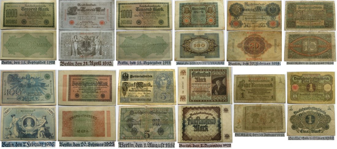  1908-1937, Deutsches Reich, Satz von 12 Stück Banknoten von 1 Mark bis 20 000 Mark   