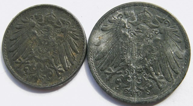  Weimar Ersatzmünzen, 5 Pf. 1921 A und 10 Pf. 1921 ohne MZ   