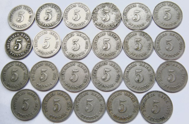  Kaiserreich, 23 x 5 Pfennig, großer Adler, 1906-1909   