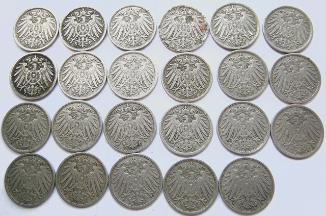  Kaiserreich, 23 x 5 Pfennig, großer Adler, 1906-1909   