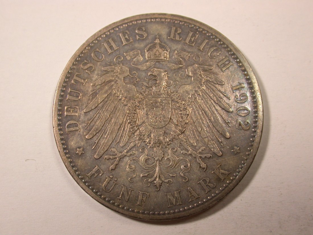  H14  KR  Sachsen-Meiningen 5 Mark 1902  vz aus EA/PP  hübsche Patina   Originalbilder   