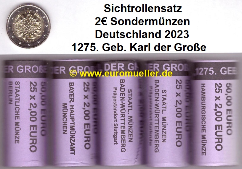 Deutschland 5x Sichtrollen 2 Euro Gedenkmünze 2023...Karl der Große   