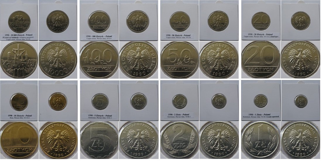  1990, Poland, a set of circulation coins (new and old coins design)   