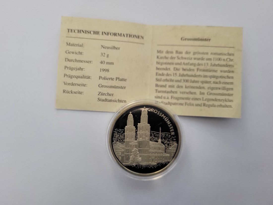  Medaille Zürcher Stadtansichten Grossmünster Neusilber Schweiz Spittalgold9800 /00   