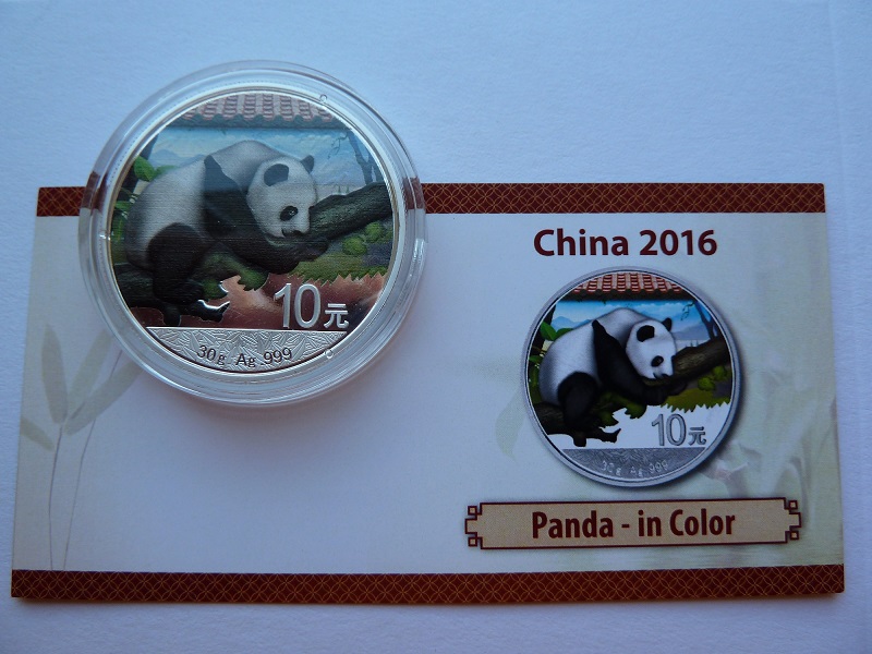  China Panda 10 Yuan 2016 - BU - FARBE .999 Ag in original Kapsel   