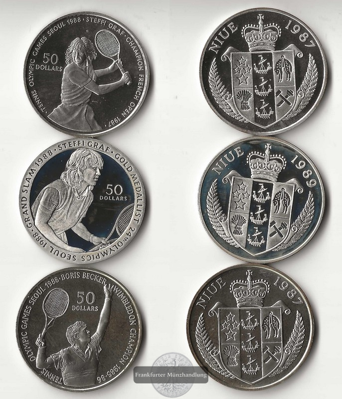  Niue  50 Dollar  1987, 1989  Tennis  FM-Frankfurt  Feinsilber: 50,82g   