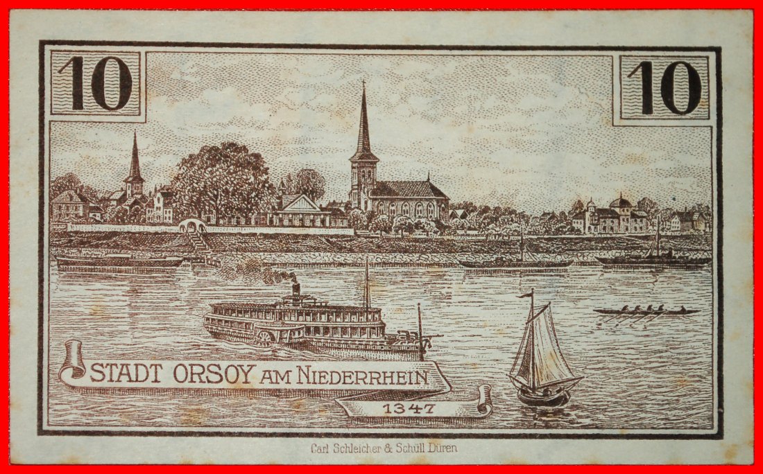  * RHINE: GERMANY ORSOY ★ 10 PFENNINGS 1921 CRISP! SHIPS!★LOW START ★ NO RESERVE!   