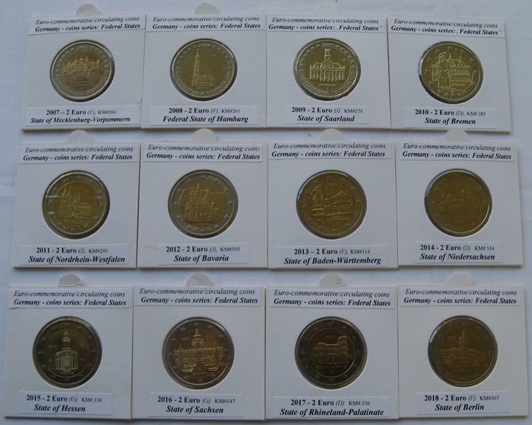  2007-2018, Germany, 2 Euro coins series: „Federal states” (12 pcs)   