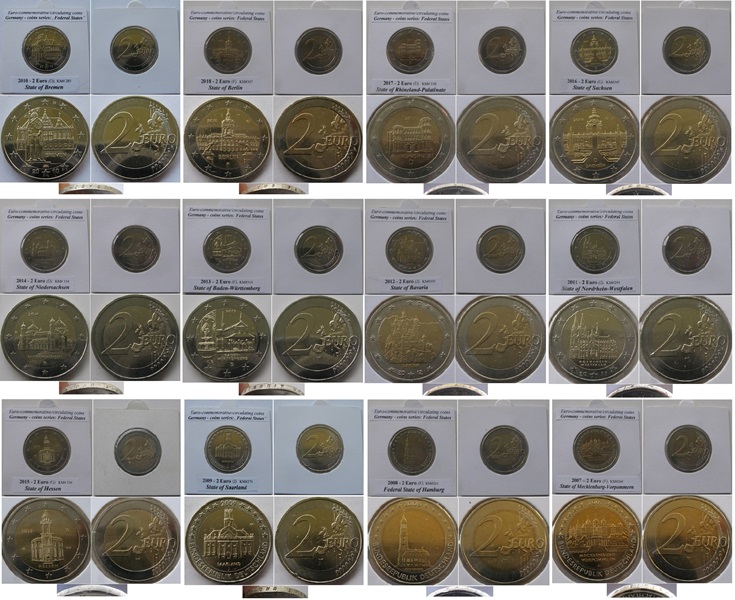  2007-2018, Deutschland, 2 Euro Münzserie: „Bundesländer” (12 Stück)   