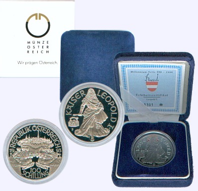  100 öS Silbermünze Österreich *Kaiser Leopold I.* 1993 *PP* max 75.000St!   