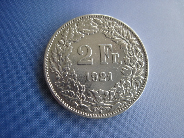 2 Franken Schweiz 1921 B, Bern, 835er Silber, Silbermünze