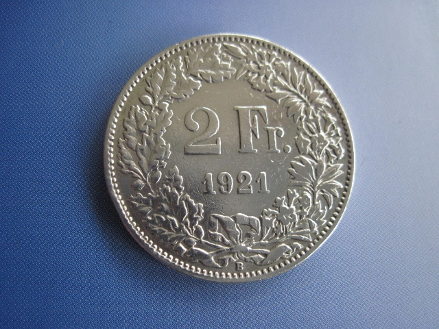  2 Franken Schweiz 1921 B, Bern, 835er Silber, Silbermünze   